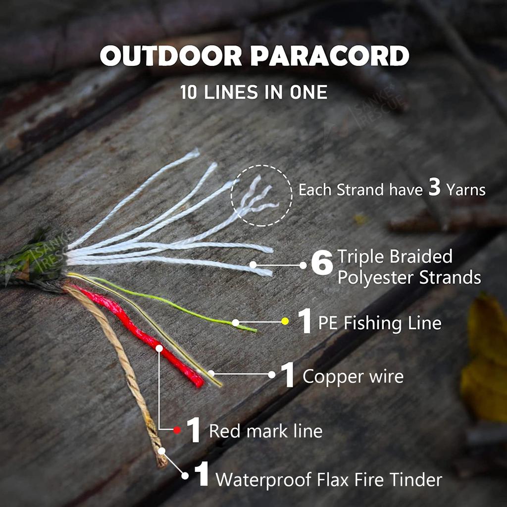 Paracord Survival Parachute Fire Cord Survival Ropes 11-in-1 U.S.Military Type with Integrated Fishing Line Fire-Starter Tinder