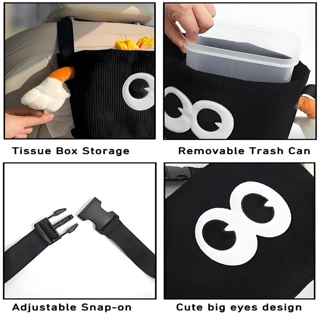 Cute Animal Car Trash Can, 2-Function Hanging Organizer with Tissue Dispenser - Plush Seat Back Storage Bag