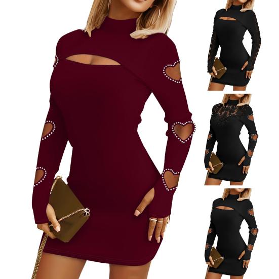 Women Dress Hollow Out Lace Skinny Sheath Solid Color Half-high Collar Elastic Soft Flower Applique Cutout Heart Above Knee Mini Dress