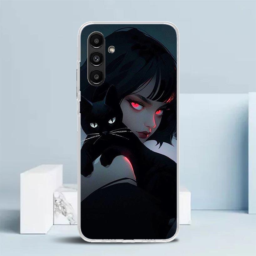 Милый чехол для телефона с черным котенком для девочек из аниме для Samsung Galaxy A17 A37 A57 A16 A15 A14 A13 A56 A55 A54 A53 A36 A35 A34 A33 A26 A25 A24