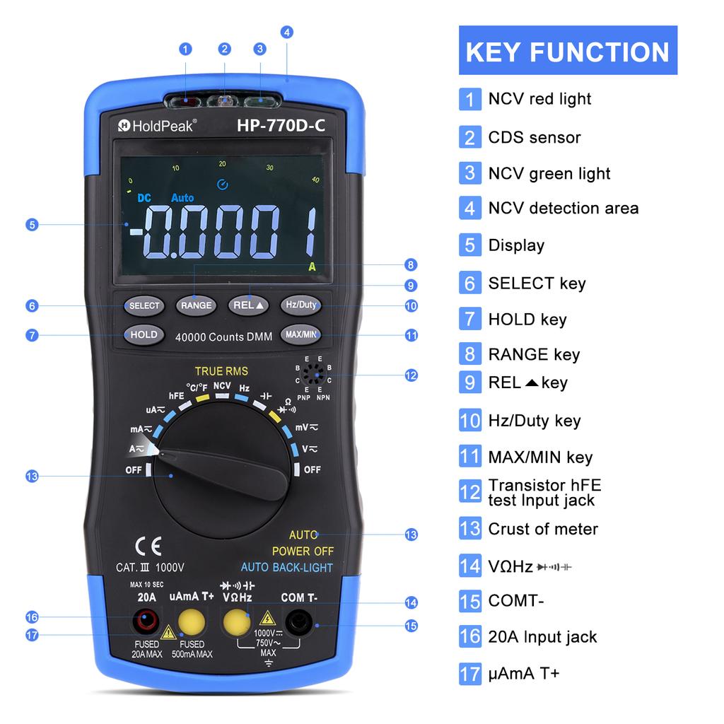 HP-770D-C Digital Multimeter High-Accuracy Auto Range True RMS 40000 Counts Color screen NCV AC DC Voltage Current Ohm Tester