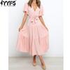 YYFS Women's Fashion Summer Spring Solid Color Print Short Sleeve V-Neck High Waist Casual Dresses