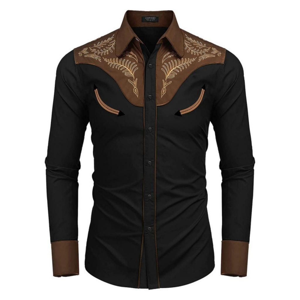 Western Style Embroidered Long Sleeve Shirt, Trendy Men's Casual Top