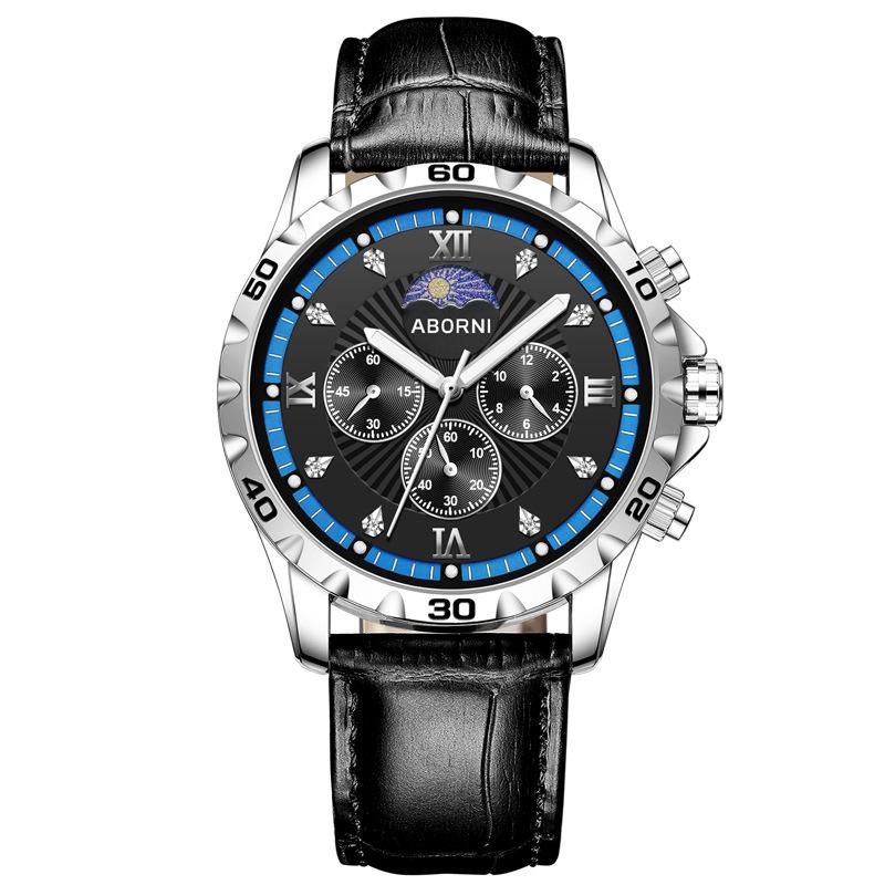 ABORNI Мужские часы Многофункциональные кварцевые часы с фазой Луны Водонепроницаемые светящиеся трендовые мужские часы