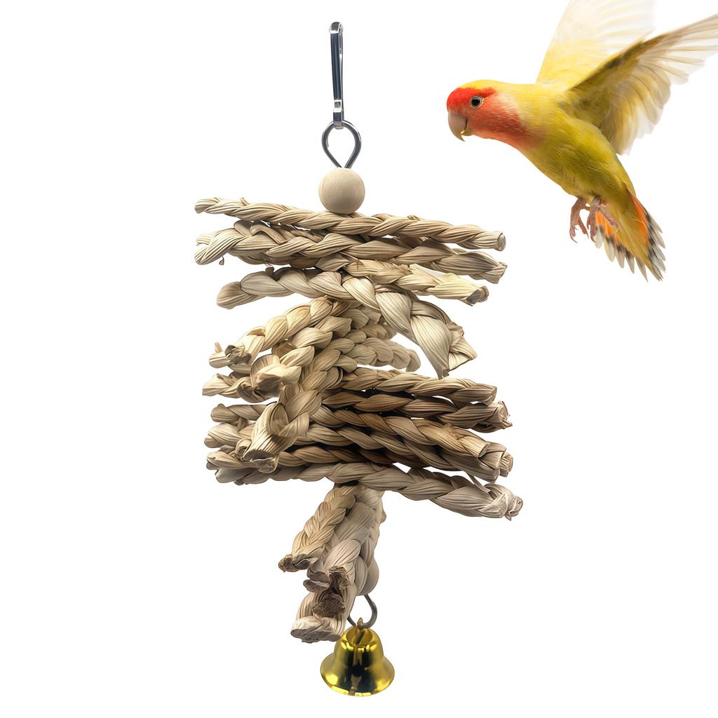Parrot Chew Toy Natural Corn Husk Braided Teething Bell String For Pet Birds Entertainment And Anxiety Relief