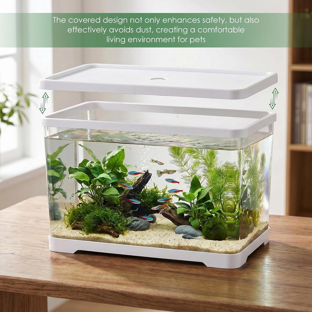 2 Gallon Plastic Fish Tank with Drain Hole - 30x19x17cm Shatterproof Small Rectangular Aquarium for Betta Fish & Guppies - Clear Desktop Terrarium