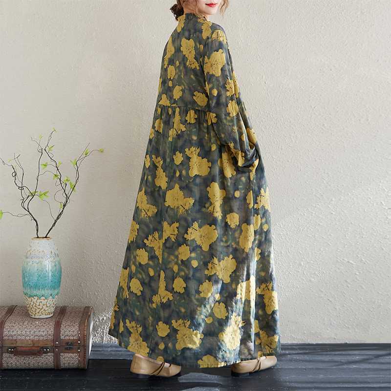 Настоящее весенне-летнее новое ретро-платье из хлопка и льна с принтом, свободное повседневное платье с воротником-грибком и длинными рукавами, с большими складками