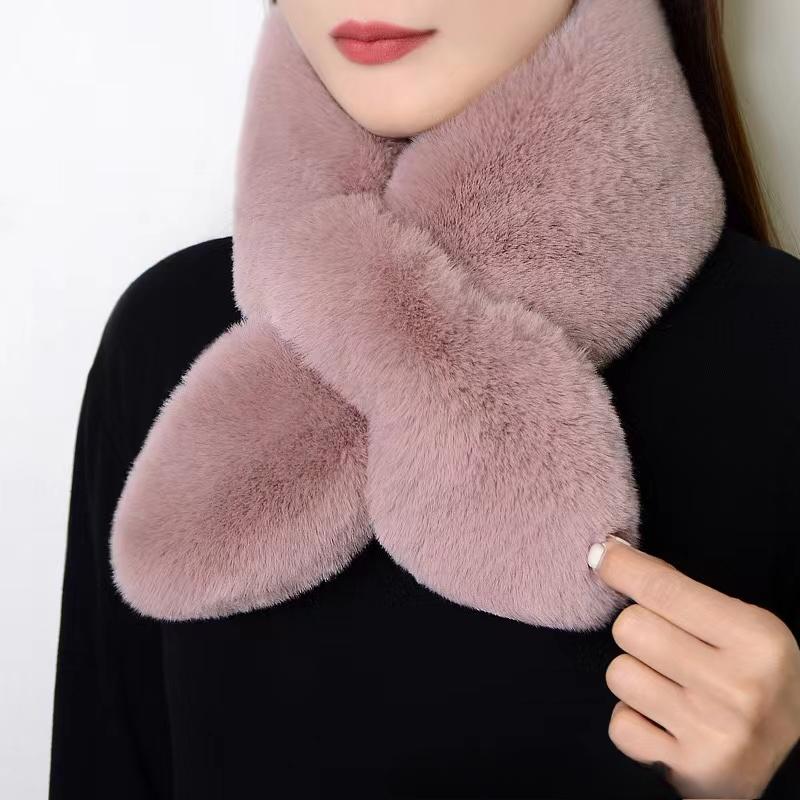 Милый однотонный шарф с крестиком из искусственного меха кролика, плюшевый утолщенный шейный шарф, шаль для девочек, зимний теплый утолщенный шарф с крестиком