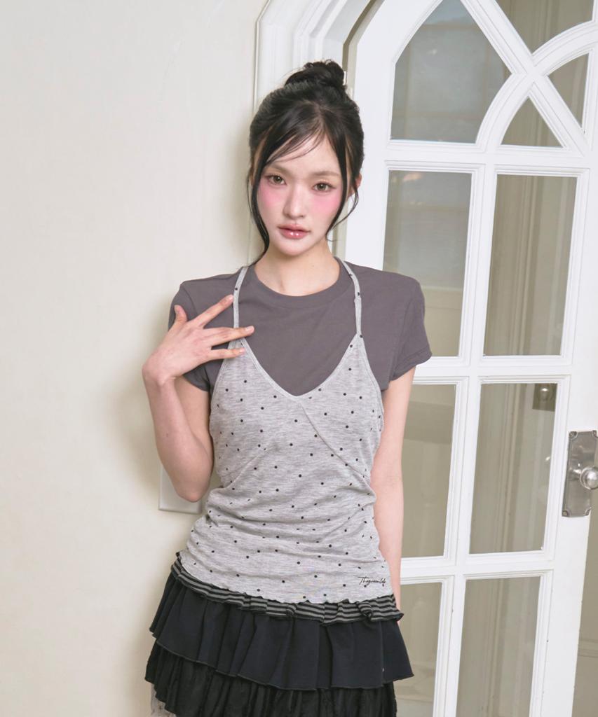 THE GREEN LAB Dot Halter Top Layered Short Sleeve Set [Light Gray]