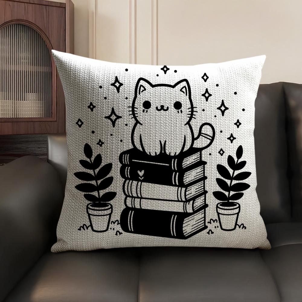 The Cat on the Book Cushion Cover Breathable Linen Organic Fabric DoubleSided Printing Sofa Pillow Case Home Decor