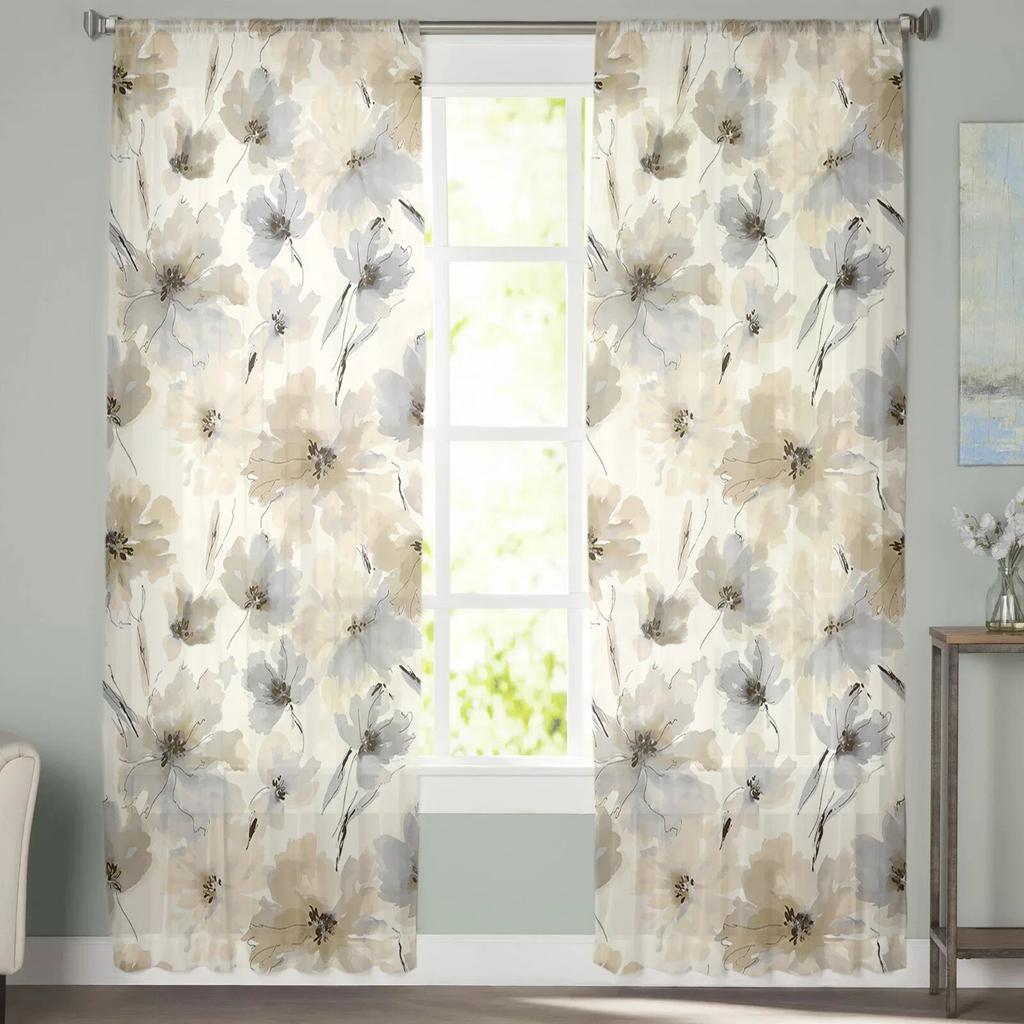 Акварельные растения, цветочная текстура, прозрачные прозрачные шторы для спальни, праздничное украшение, оконная вуаль, тюлевая занавеска