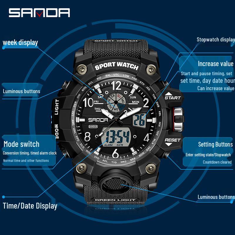 Sanda Teen Multi-functional Waterproof Sports Watch with Alarm & Luminous Display
