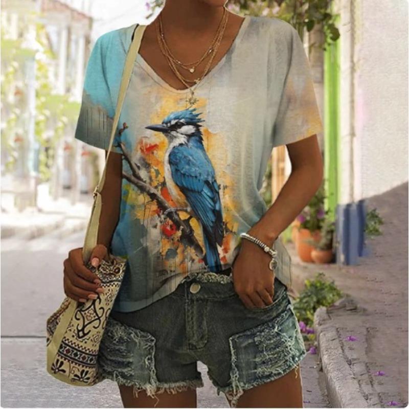 Summer V-neck 3D Animal Flower Printed Top Fashionable Casual Short Sleeved Women's T-shirts
