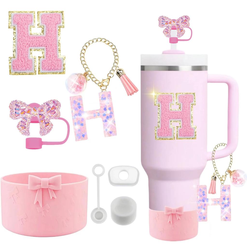 7PCS Pink Accessories for Stanley Cup 30/40 Oz Tumbler with Handle Bow Straw Topper Cover Cap Boot Initials Charm Letter Sticker