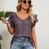 Женская летняя свободная футболка с v-образным вырезом с принтом и двойными рюшами на рукавах