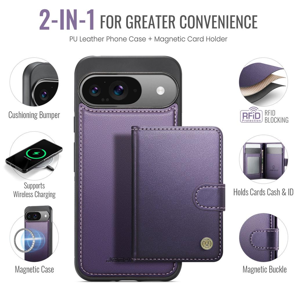 For Google Pixel 9 Pro/Google Pixel 9 Case JEEHOOD J09 RFID Blocking Card Holder Leather Back Phone Cover Magnetic Case