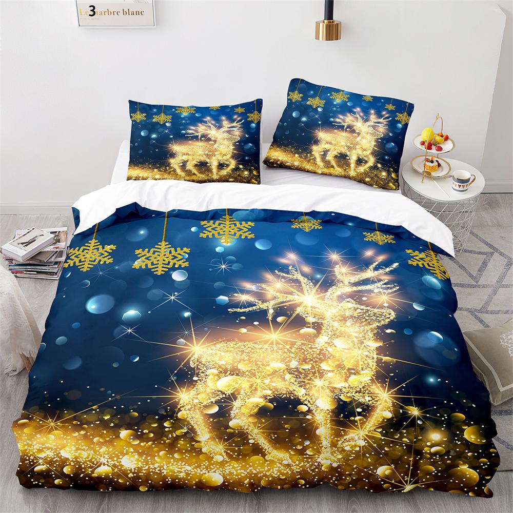 Christmas Duvet Cover Set King Queen Full Size Snowflake Gold Deer Pattern Holiday Bedding Set Polyester Comforter Cover For Kid