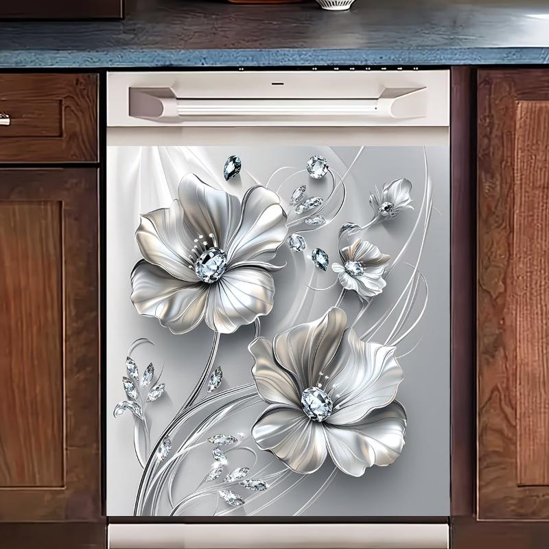 Silvery Floral Rhinestone Decal Sticker Self Adhesive Kitchen Fridge Decoration Waterproof Removable Home Appliance Decor