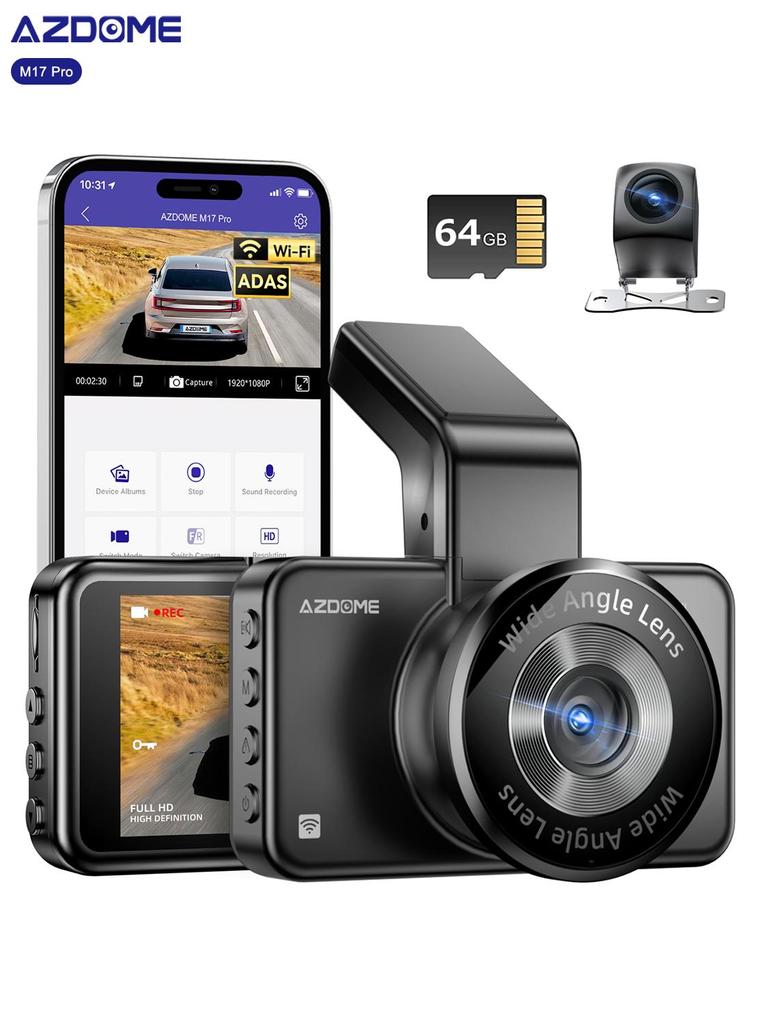 AZDOME WiFi Dash Cam M17 Pro с 2 камерами, 2K+1080P спереди и сзади, 3-дюймовым IPS-экраном, ADAS, бесплатной картой памяти на 64 ГБ