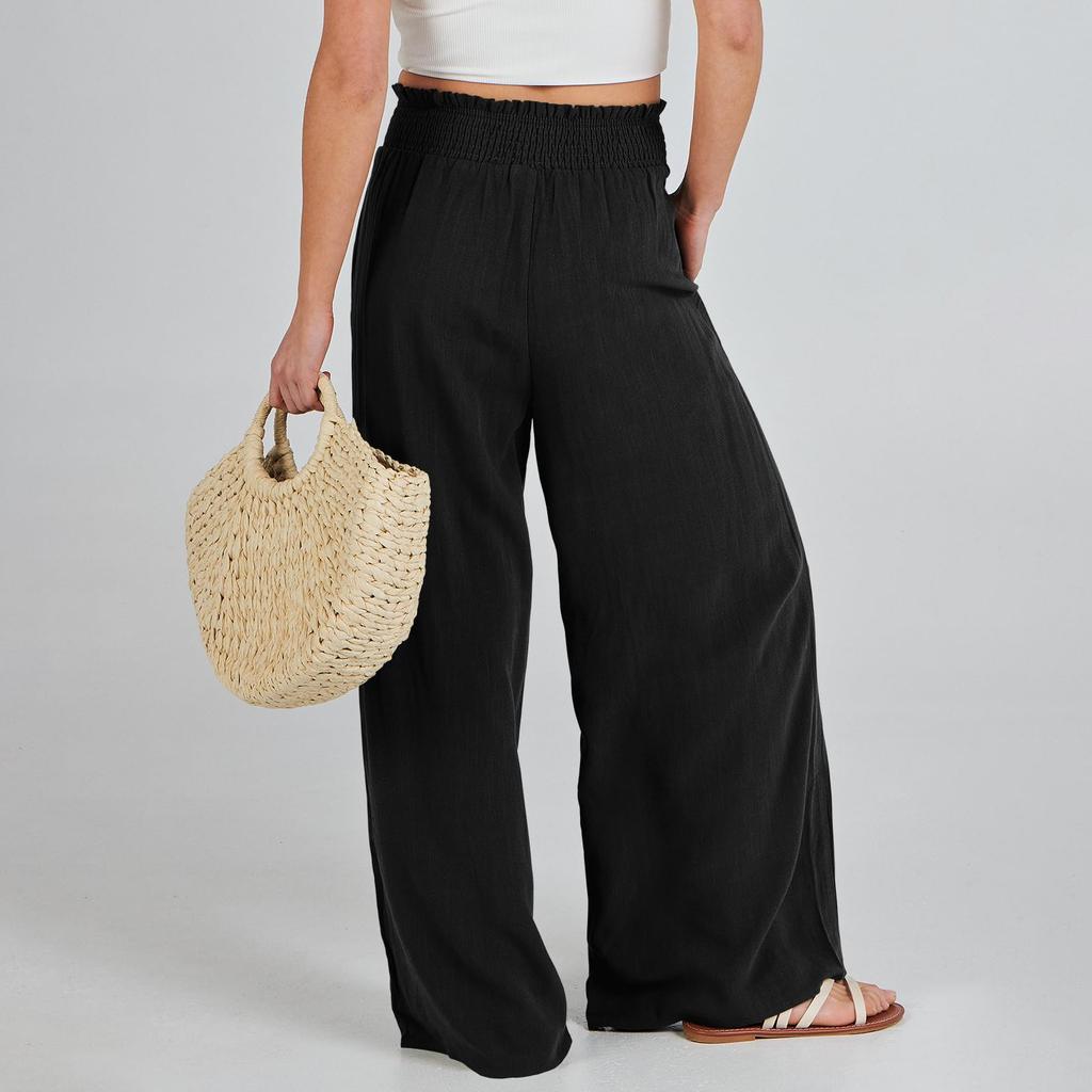 Summer Cotton Linen Wide Leg Pants Women Loose Palazzo Pant Pocket Elastic Waist Casual Pants