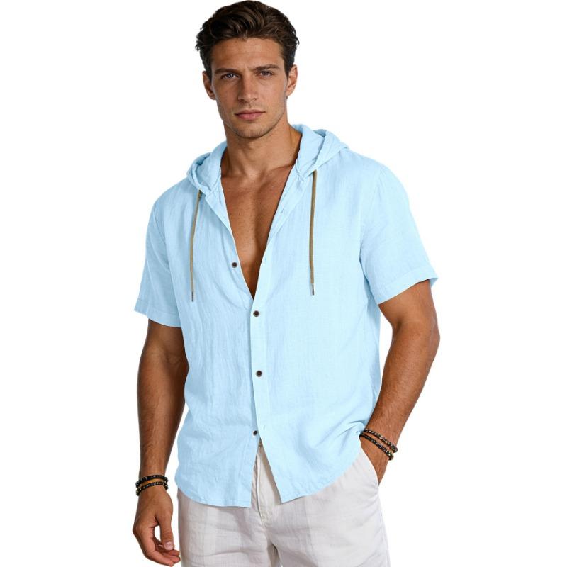 Men S Short Sleeve Hooded Cotton Casual Summer Shirt
