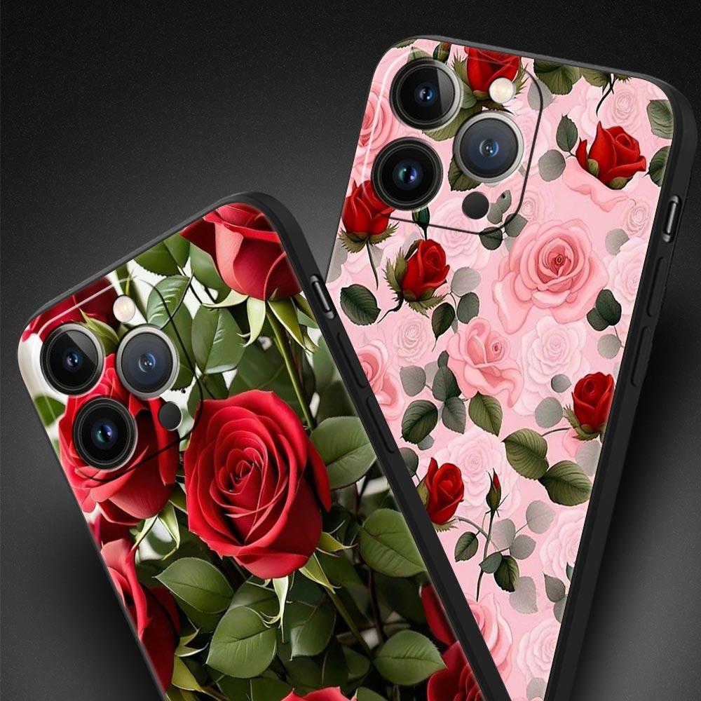 Роскошный Чехол Для Телефона Apple iPhone 11 15 14 Pro MAX 12 13 7 8 Plus X XR XS MAX SE Черный Чехол Funda Красивые Красные Розы