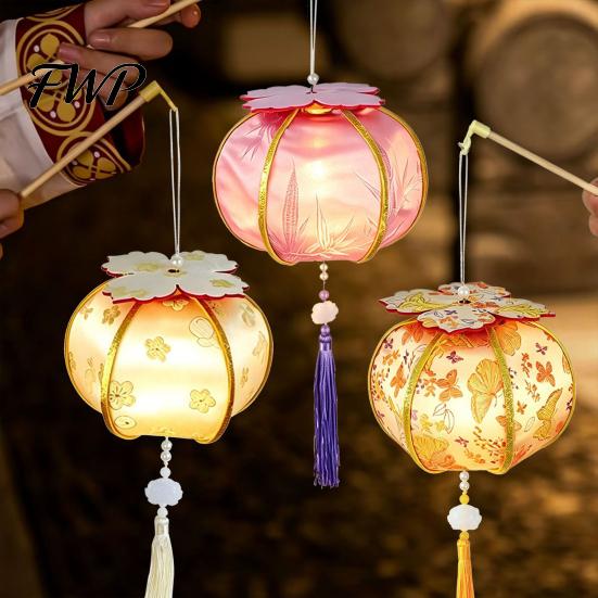 Hanfu Accessory Photo Prop Spring Festival Lantern DIY Material Kit, Light Up Handmade Persimmon Shaped Paper for Mid Autumn with Tassel Chinese