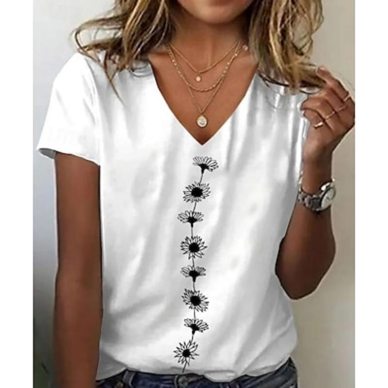Женская футболка с цветочным принтом и растениями, повседневная, с коротким рукавом, с V-образным вырезом, обычная, на каждый день, на выход, на выходные, с принтом, лето-весна