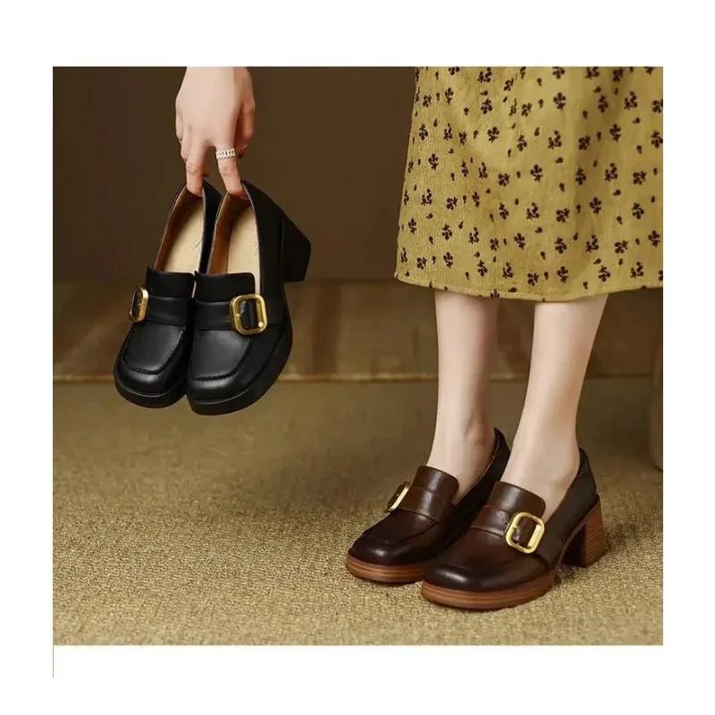 Мода 2024 года, женские туфли на платформе, туфли-оксфорды на среднем каблуке, туфли-лодочки без застежек, квадратный носок, ретро, высокий каблук, черные, весенние, новые кожаные туфли на каблуках