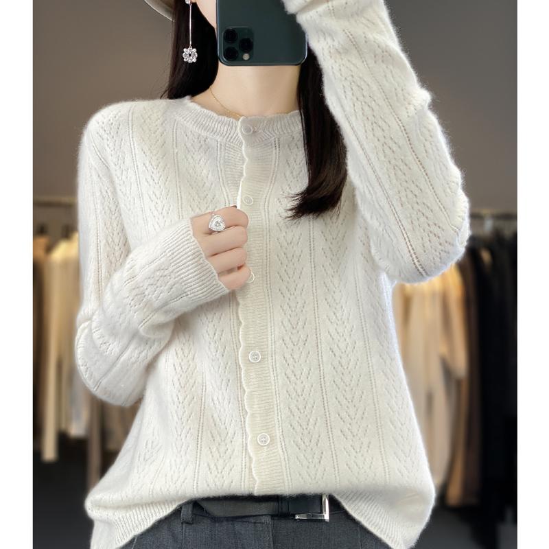 Women's Round Neck Cashmere Cardigan, Qinghe Cashmere, 30% Cashmere 70% Wool, Winter Knitted Pullover Autumn Sweater Cashmere Sweater