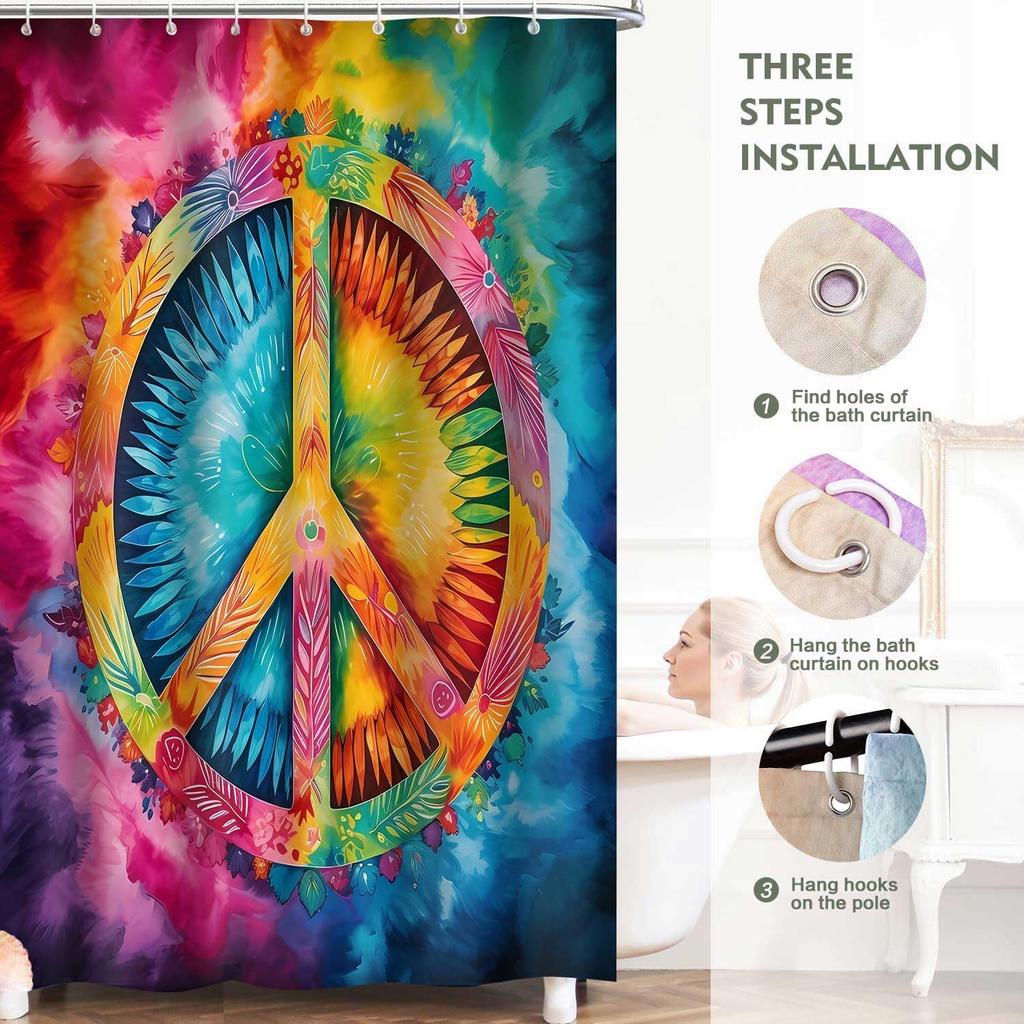 Peace Symbol Shower Curtain, 72x72 inch Polyester, Colorful Watercolor Tie Dye Hippie Peace Sign Bathroom Shower Curta Decor Set with 12 Hooks