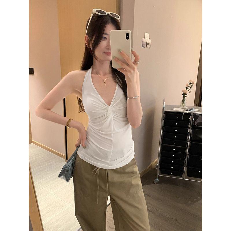 Kumikumi Gyaru Style White Kinked Hanging Neck Cami Women Summer Sexy Chic Slimming Backless Top