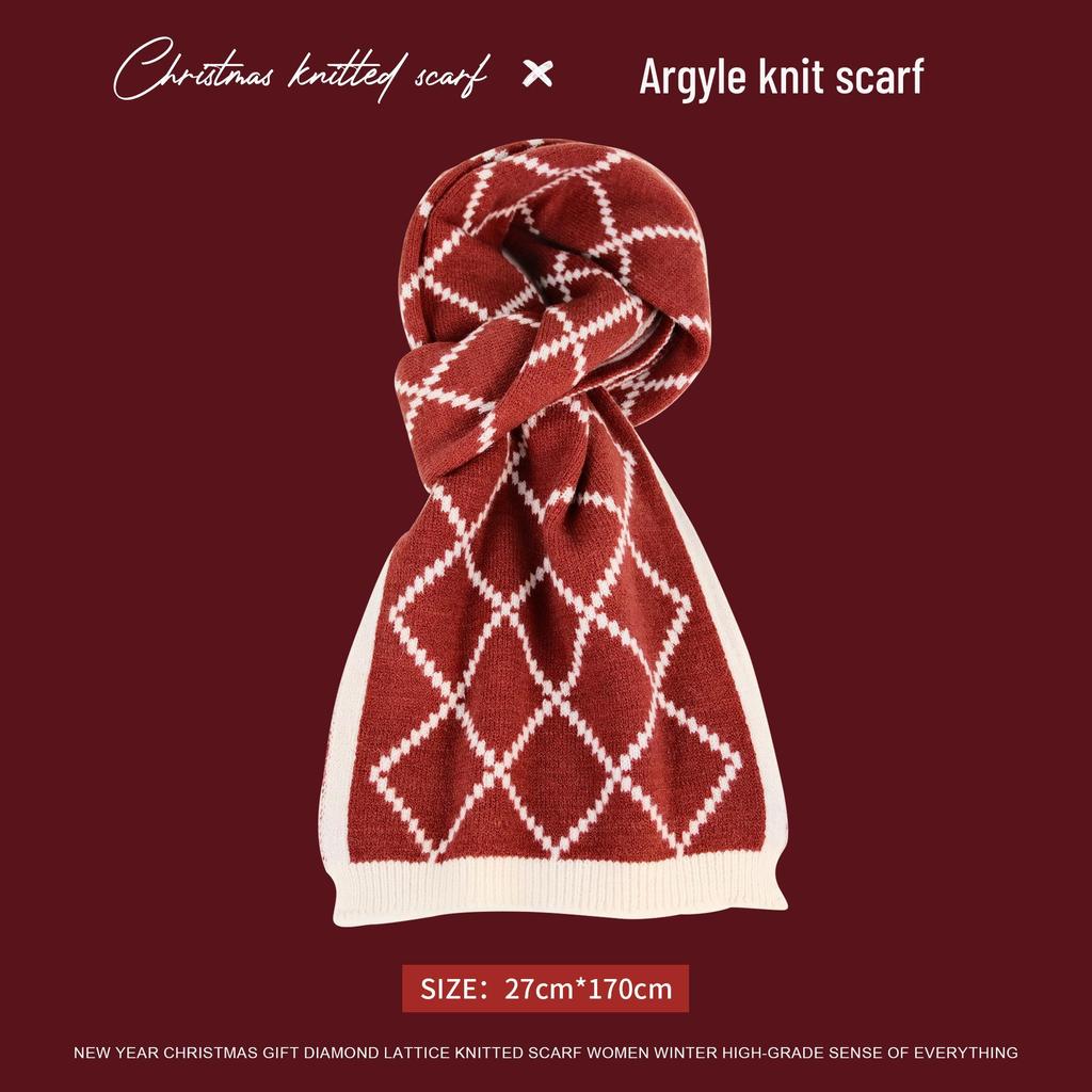 Korean Style Red Diamond Check Knitted Scarf: Christmas & New Year Warm Neck Warmer for Couples