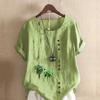 Женская модная футболка с круглым вырезом и коротким рукавом, повседневная хлопковая льняная рубашка с принтом зеленых растений, летняя блузка, топы больших размеров