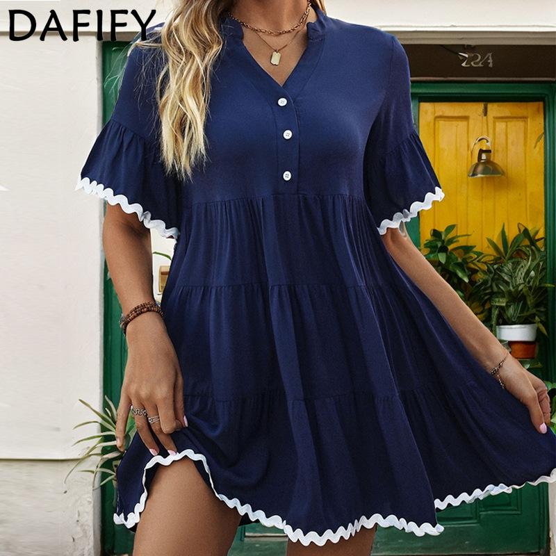 DAFIFY Женская мода лето весна однотонный принт с коротким рукавом v-образным вырезом трапециевидной формы с высокой талией повседневные платья