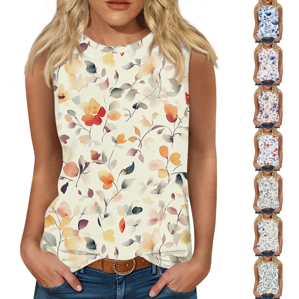 Women's Casual Round Neck Printed Sleeveless Vest Tops Vest