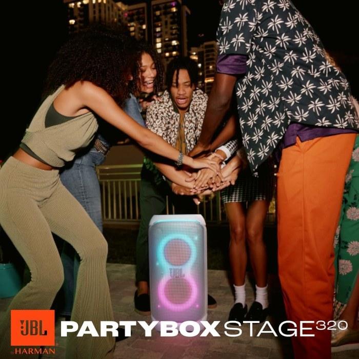 JBL PartyBox Stage 320 Bluetooth Speaker / Wireless / 240W / IPX4 / with Mic & Guitar Inputs / with Casters / White / JBLPBSTAGE320SWJN