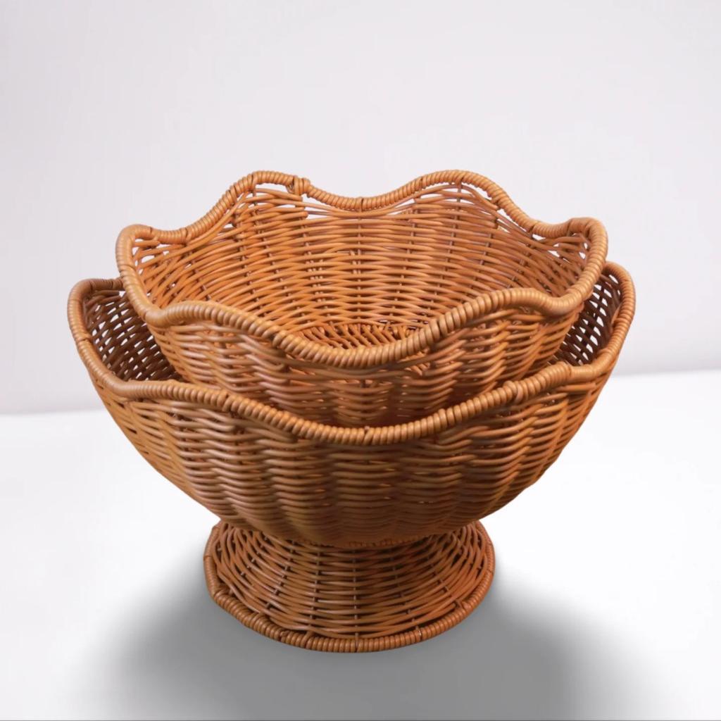 Rustic Farmhouse Handwoven Fruit Bowl Imitation Rattan Pedestal Home Decor Snacks Organizer Kitchen Storage for Countertop Table