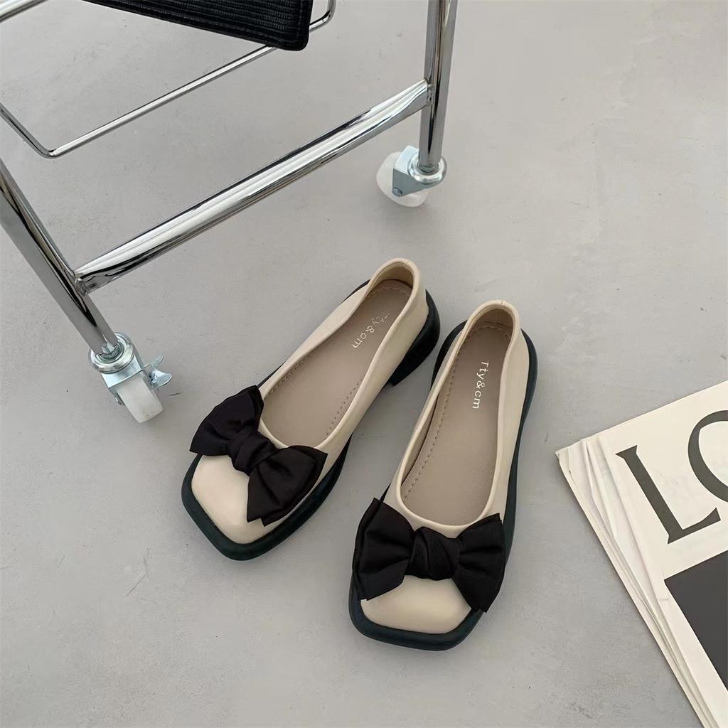 Womens Shoes Low Heel French Bow Retro Square Head Shallow Mouth Mary Jane Shoes New 2024 Retro Shoes Women Ladies Shoes