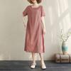 Summer Cotton Linen Artistic Retro Loose Plaid Slimming Plus Plus Size Short Sleeved Medium Long Dress for Women