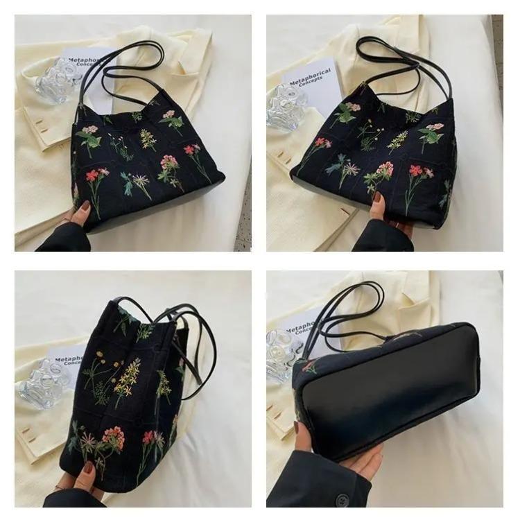Floral Embroidery Black Shoulder Bags Women Vintage Casual Canvas Bag Purses Female Harajuku Aesthetic Handbag