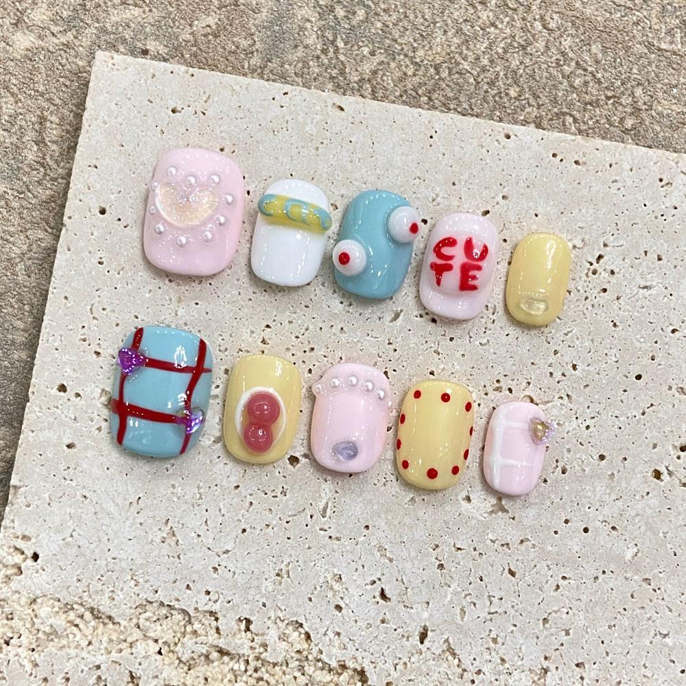 Cute Japanese Short Handmade Press On Nails Reusable Fake Nails With Glue Acrylic Art Tips For Girls