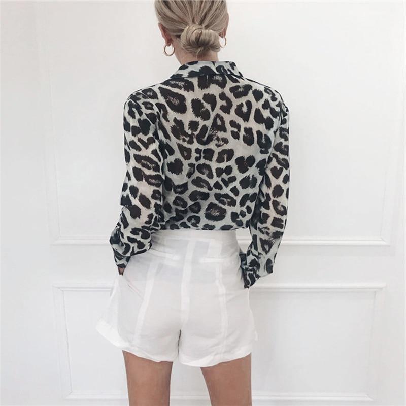 Leopard Print Chiffon Blouse Women Chic Casual Long Sleeve Turn Down Collar Office Lady Vintage Oversized Blusas