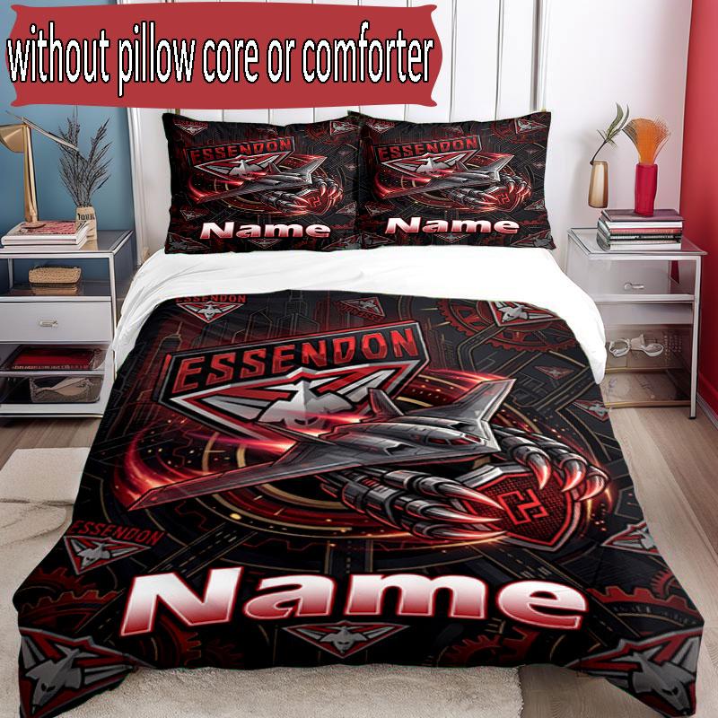 3pcs Duvet Cover Set (1*Duvet Cover + 2*Pillowcase, Without Core), Custom Name Essendon Football Pattern Bedding Set, Home Bedroom Decor Gift