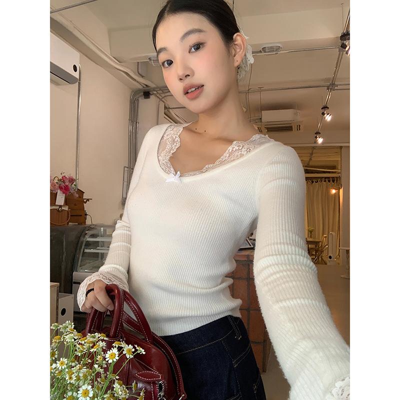 Повседневный вязаный свитер с кружевом и V-образным вырезом для женщин, осень и зима, новые облегающие вязаные свитера, женские топы, элегантные однотонные винтажные женские джемперы 25865