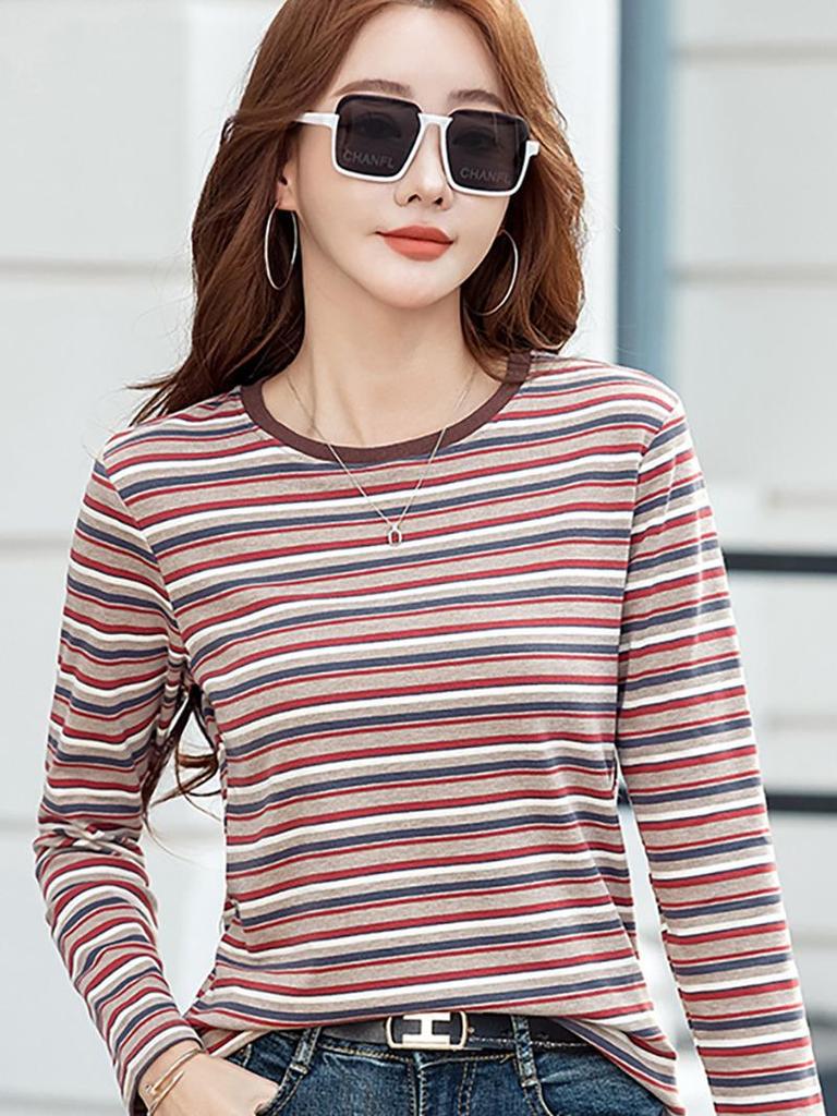 Women's Striped Round Neck Long Sleeve T-Shirt - Casual Loose Fit, Perfect for Spring and Autumn, Korean and Japanese Style.