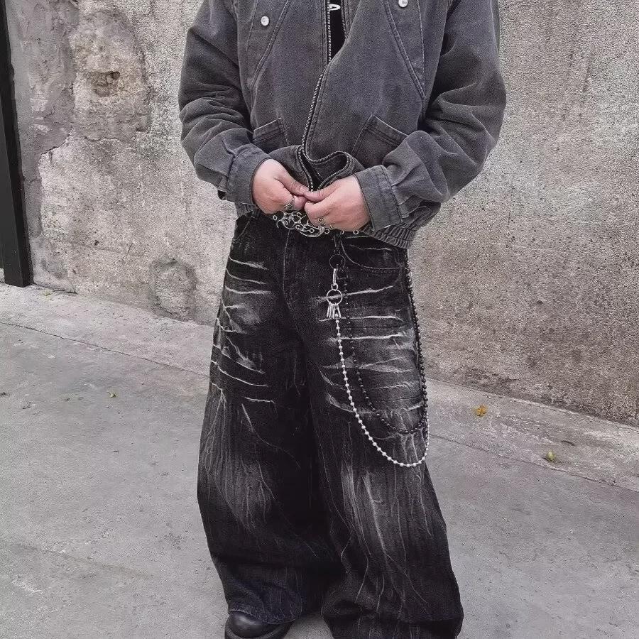 Унисекс-американские уличные модные прямые джинсы с эффектом потертости - модные свободные широкие брюки из денима