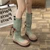 Retro Style Women Western Cowboy Boots Fashion Slip On Thick Heel Long Booties Autumn Winter Female Denim Shoes