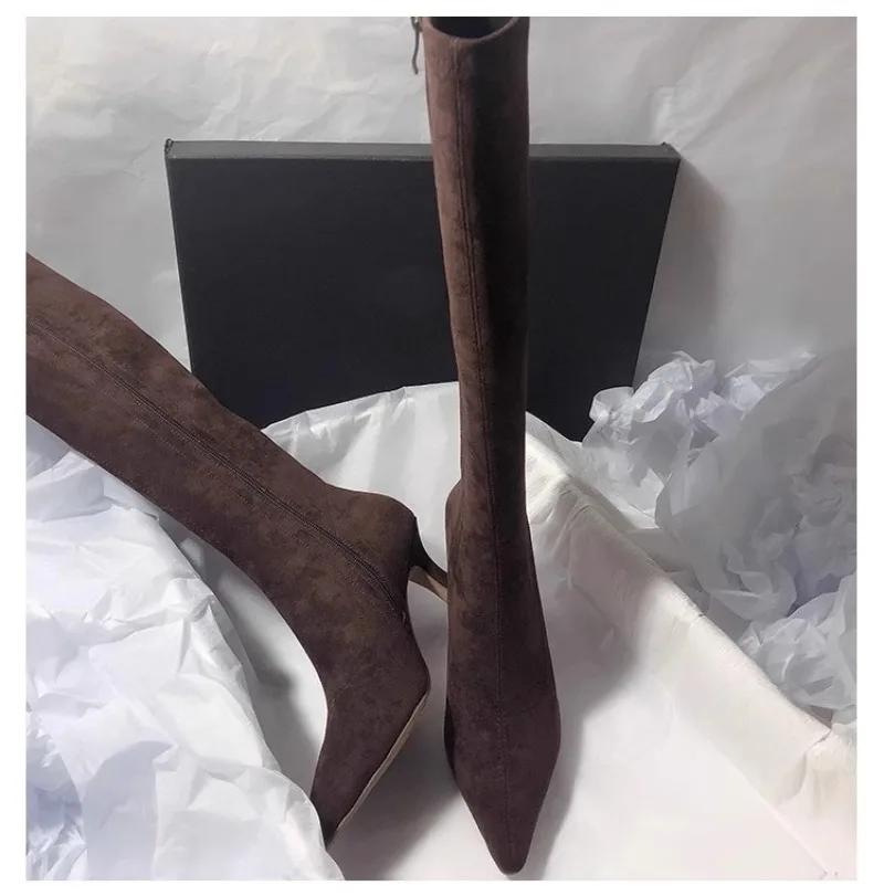 Модные ботфорты с острым носком, сексуальные ботфорты до бедра, женские замшевые эластичные ботинки на высоком каблуке с боковой молнией, современная обувь, zapatos de mujer