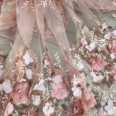 50x125 см Ткань для платья цвета flesh pink, off-white, с вышивкой бисером и пайетками, кружевная ткань с 3D-аппликацией в виде цветов, премиум-класс